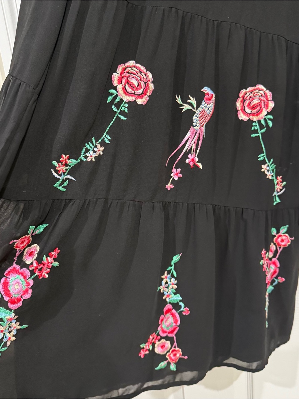 Floral Embroidered Black Tiered Dress - Picture 2 of 7